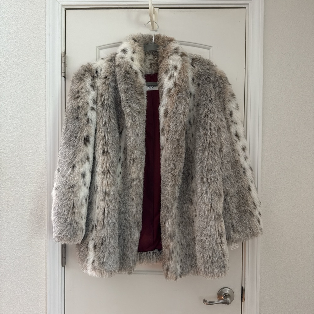 Vintage Faux Fur Coat - Gray and White